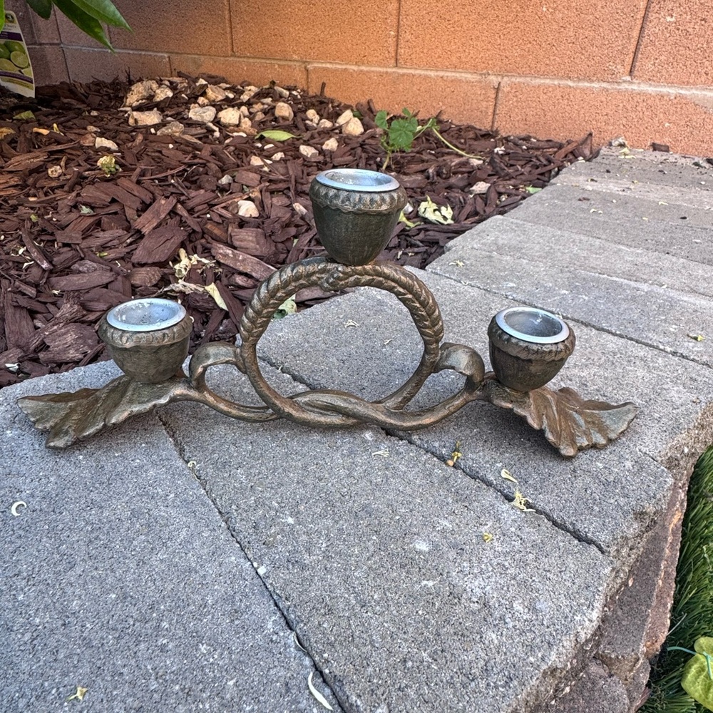 Antique Brass Three-Arm Candle Holder with Leaves